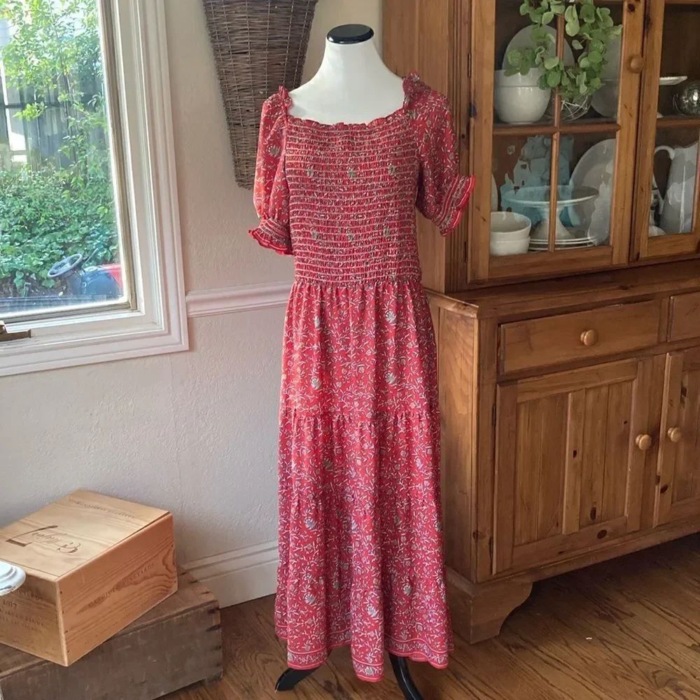 Max Studio Ruffle Collar Printed Floral Smocked Tiered Maxi Dress Size Small